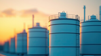 Obraz premium Storage tanks against a colorful sunset background.