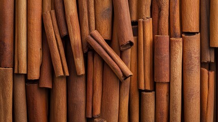 A background completely packed with cinnamon sticks, tightly arranged to create a warm, spicy surface with a rich, aromatic texture.