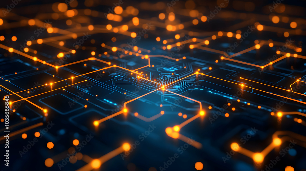 Poster high-tech circuit design featuring glowing pathways and digital elements in a futuristic setting