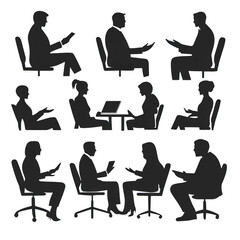 Silhouettes of People in Conversation: A collection of 10 diverse silhouettes of people in various conversation poses, perfect for illustrating communication, discussion, teamwork, or collaboration.