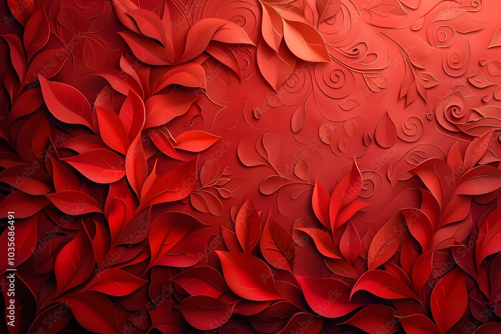 Poster elegant red leaf pattern with intricate design
