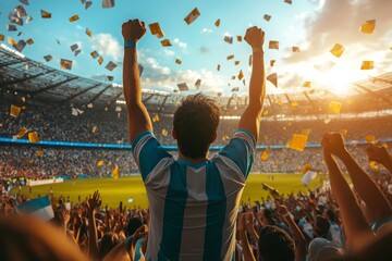 Group of Argentinian soccer fans cheering in stands, Generative AI