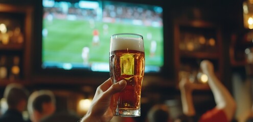 In front of a TV showing soccer matches, a man holds a glass of beer at a rustic vintage pub bar