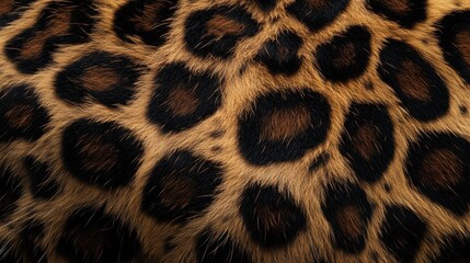 Close-up of leopard fur texture, showing the distinct rosette patterns and golden brown colors, with detailed black spots covering the entire screen.