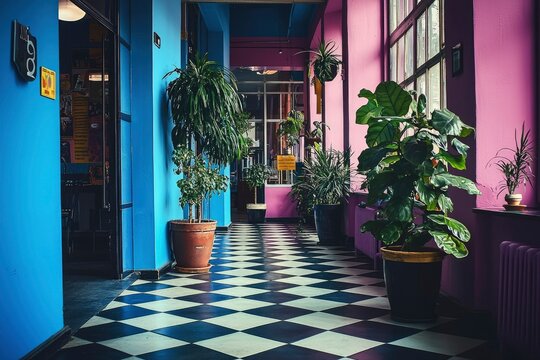 Indoor Hallway with Checkered Floor and Plants - Powered by Adobe