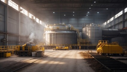 A spacious industrial facility features large storage tanks with yellow railings and machinery. Sunlight streams through windows, illuminating the clean, organized workspace