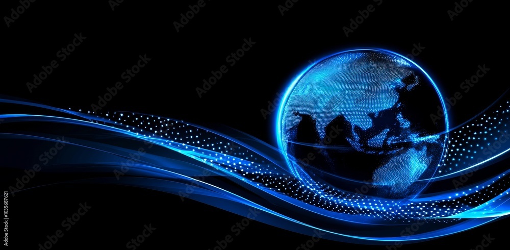 Poster this illustration shows a hi-tech digital space, with a wavewireframe connecting the dots and a holo