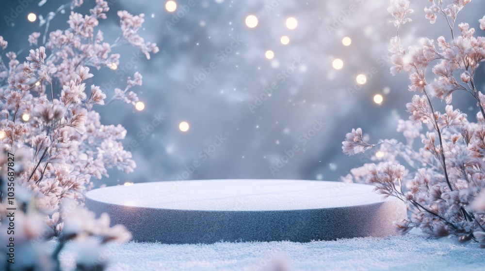 Aufkleber a peaceful winter scene features a circular platform surrounded by delicate flowers and gentle snowf