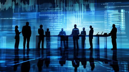 Professionals managing a project with digital tools and team discussions in the background