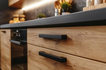 Close-up of Modern Kitchen Cabinets with Black Handles