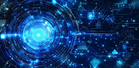 The digital grid line with vibrant shades of blue and purple is framed by circles. The illustration shows a futuristic digital concept in blue and purple.