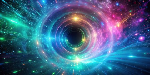 A cosmic vortex of swirling energy, illuminated by celestial bodies and shimmering stars, pulls the viewer towards an unknown destination