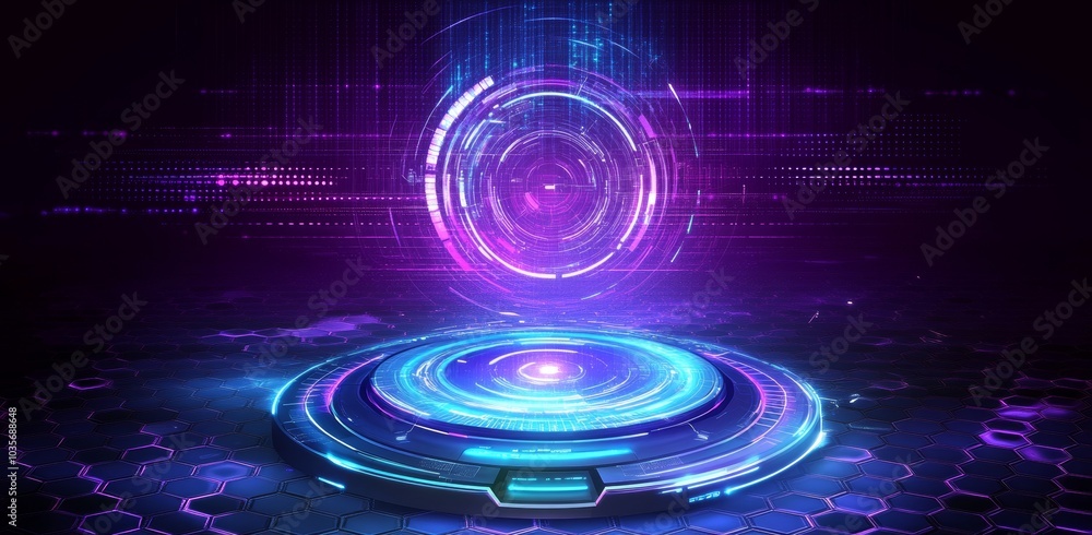 Poster this diagram illustrates a futuristic technology stage with an empty pedestal or podium for displayi