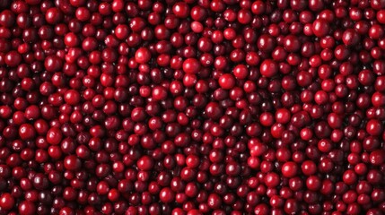 A seamless spread of whole cranberries, tightly packed together to fill the entire frame with their glossy red surfaces and rich, tart texture.