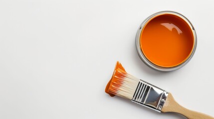 top view lay flat paint brush laying on paint can with