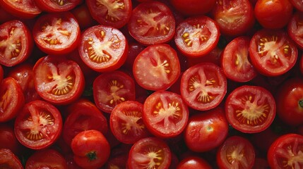 A surface densely covered with whole and sliced tomatoes, filling every inch of the frame with their rich red color and juicy texture.