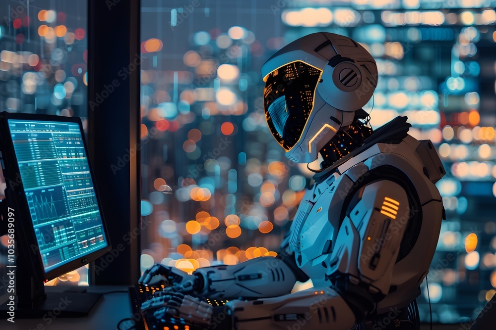 Poster futuristic robot analyzing data in a high-tech cityscape
