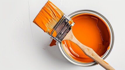 top view lay flat paint brush laying on paint can with