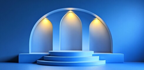 This illustration depicts a futuristic neon blue and purple hi-tech techno stage for advertising and video games.