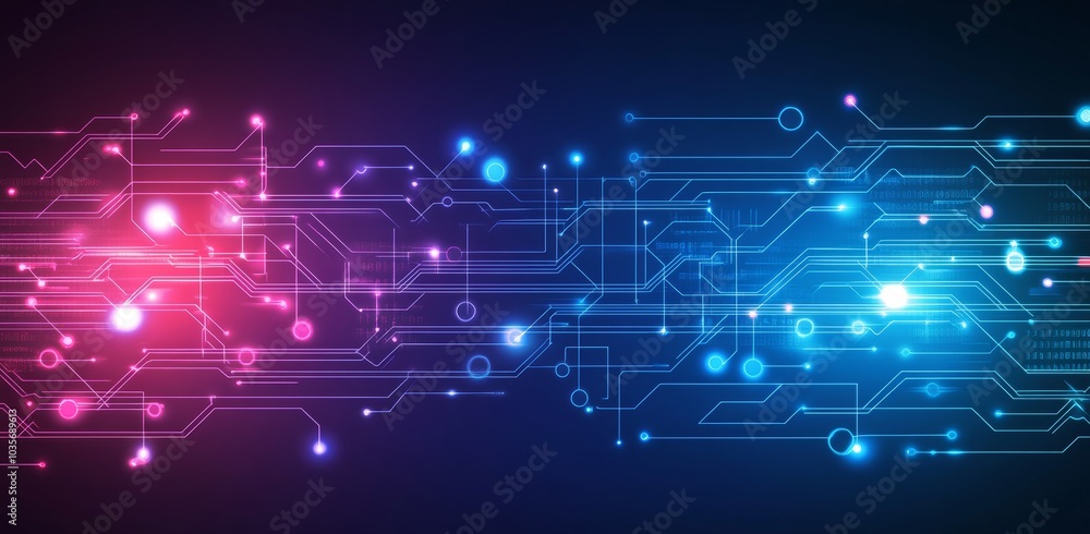 Poster illustration of future technology and innovation with grid lines and circuits. digital and science f