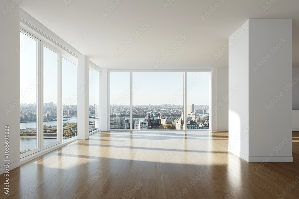 Aufkleber a 3d rendering shows a modern, empty room with a large window and blank vertical posters.