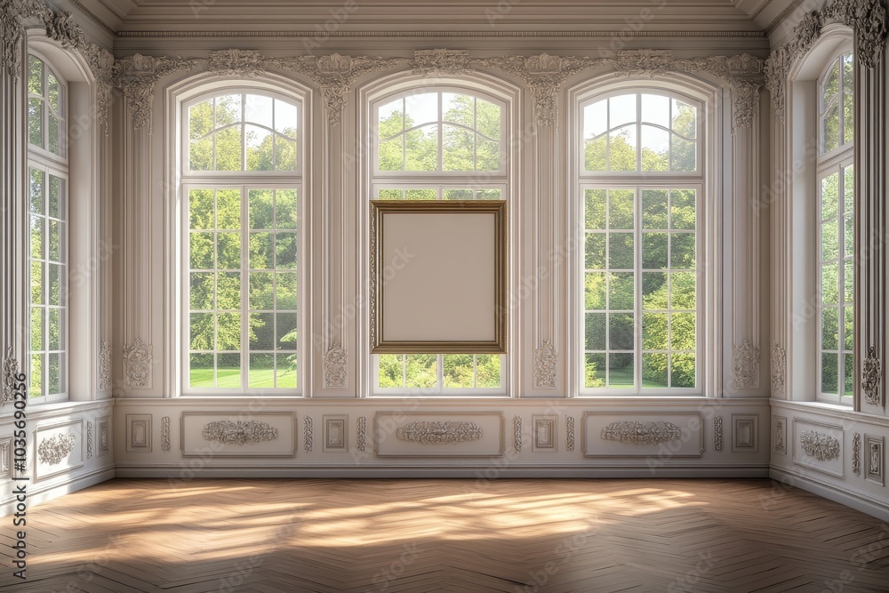 Poster a 3d rendering shows an empty modern room with large windows and a blank vertical poster above the b