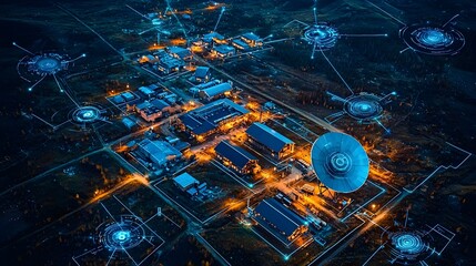 A photograph of a large satellite dish next to a research facility with holographic signal paths and data displayed above the building and surrounding sky  The scene showcases a futuristic