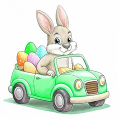 Easter bunny driving car with colorful eggs, cartoon, white background