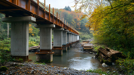 Fototapeta premium Partially Constructed Bridge Featuring Metal Beams and Concrete Supports Under Clear Sky
