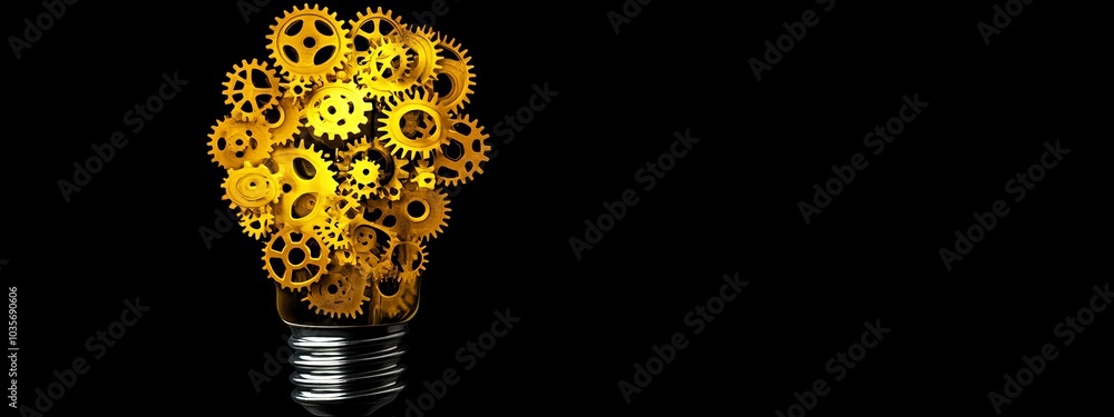 Poster 3d rendering of yellow gears in a lightbulb shape.