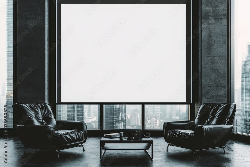 Poster it shows a modern waiting area with an empty wall and a large blank canvas.