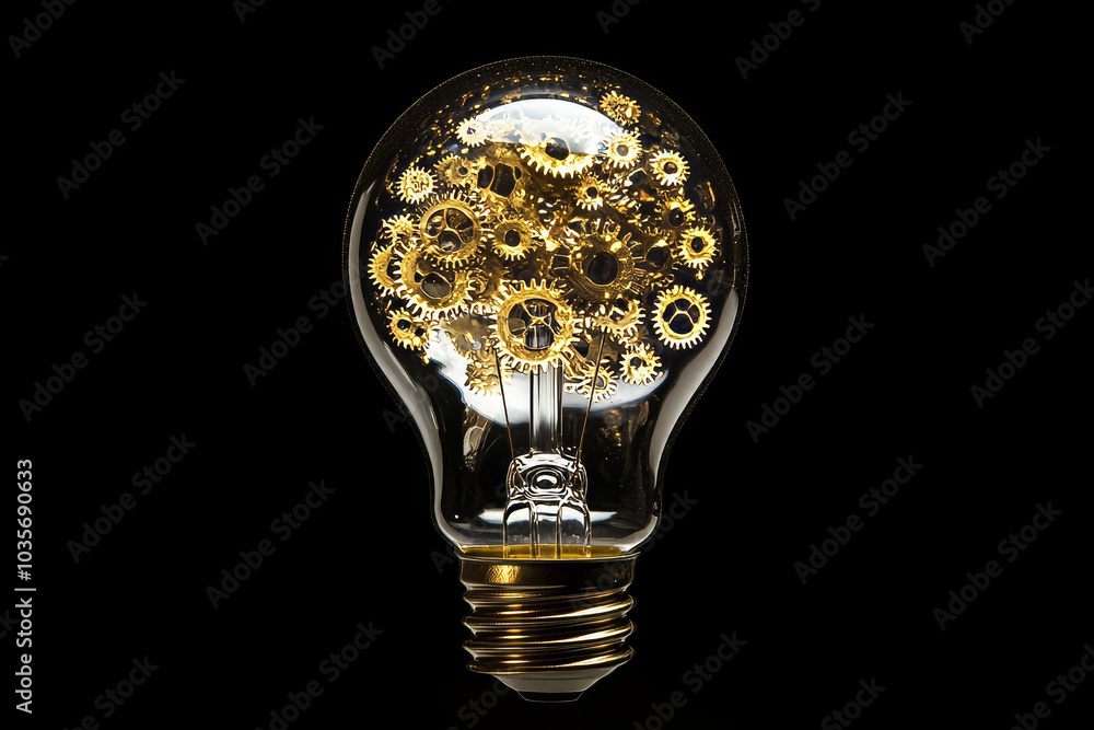 Poster a 3d rendering of yellow gears formed into a bulb with a dark background.