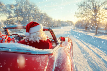 Santa Claus in luxury red cabriolet car with gifts on snowy road in sunny day