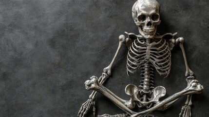 Classic skeleton in a spooky Halloween pose, isolated on a dark background for eerie effect.