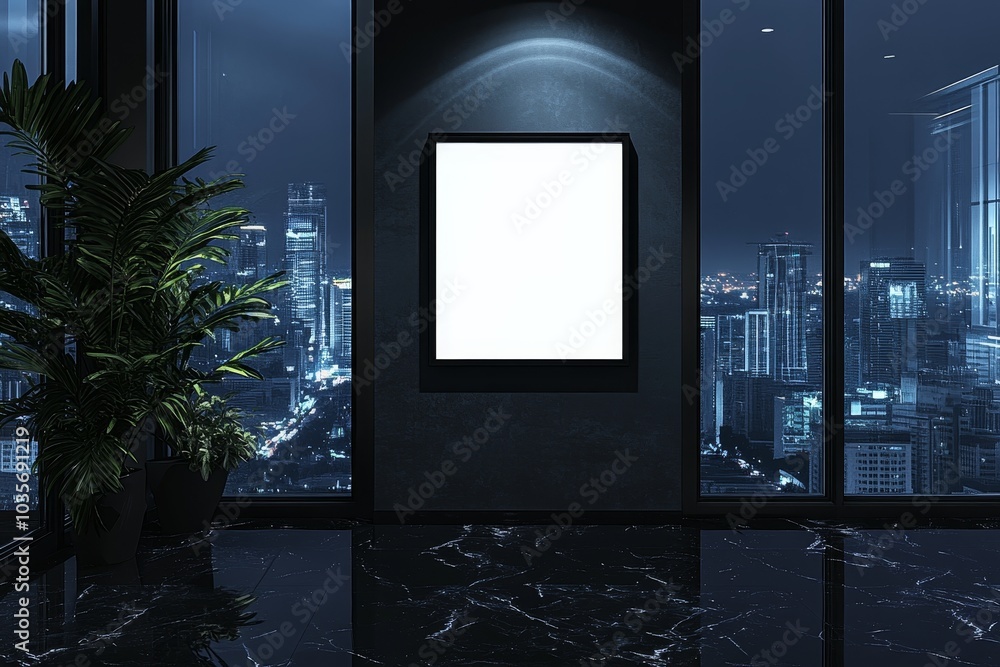 Poster three-dimensional rendering of gallery interior with empty poster frame on wood wall.