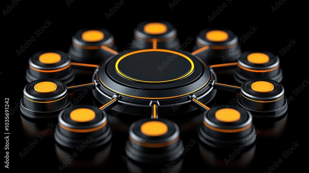 Poster abstract arrangement of interconnected buttons with a central control hub on a black background.