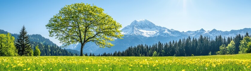 A vibrant landscape featuring a lush green tree, blooming flowers, and majestic mountains under a clear blue sky.