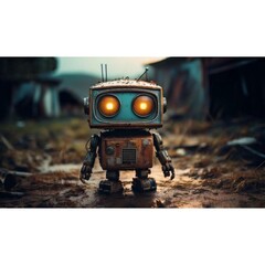 Little rusty old vintage robot with a TV as a head and two Red led's as eys staying an an postapocalyptic area, cinematic atmosphete
