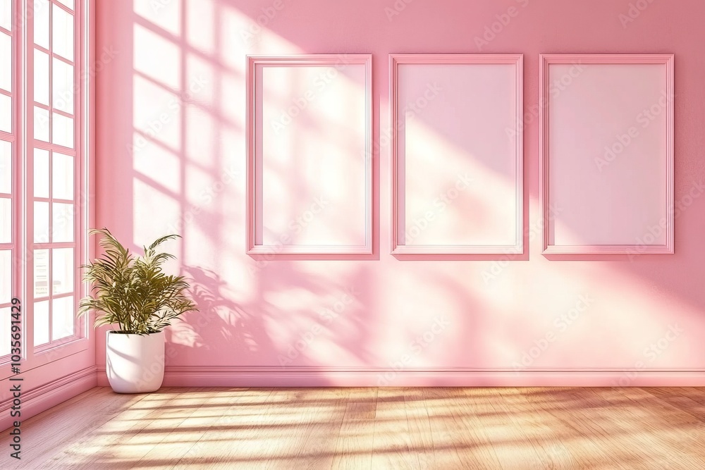 Poster rendering of an empty gallery interior with beige walls and empty frames.
