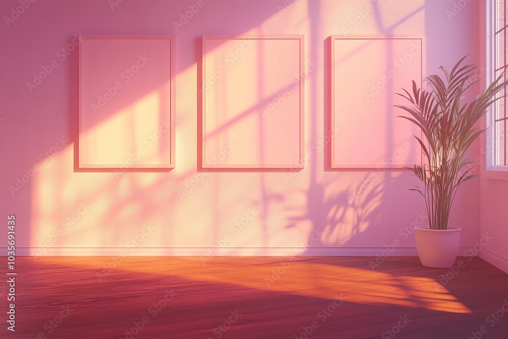 Poster featured is a 3d rendering of a modern gallery interior with beige walls and empty frames.