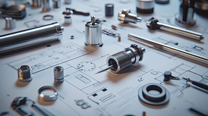 Close-up of various mechanical components and tools laid out on technical blueprints, showing design accuracy in mechanical projects
