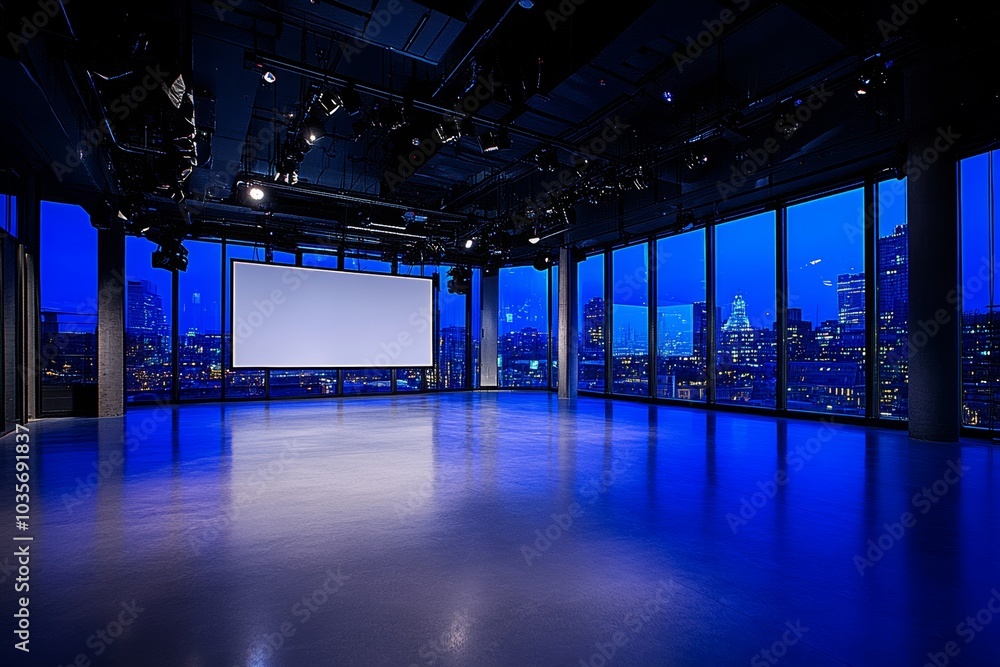 Poster it shows an empty office interior with a large canvas display and nighttime views of the city.
