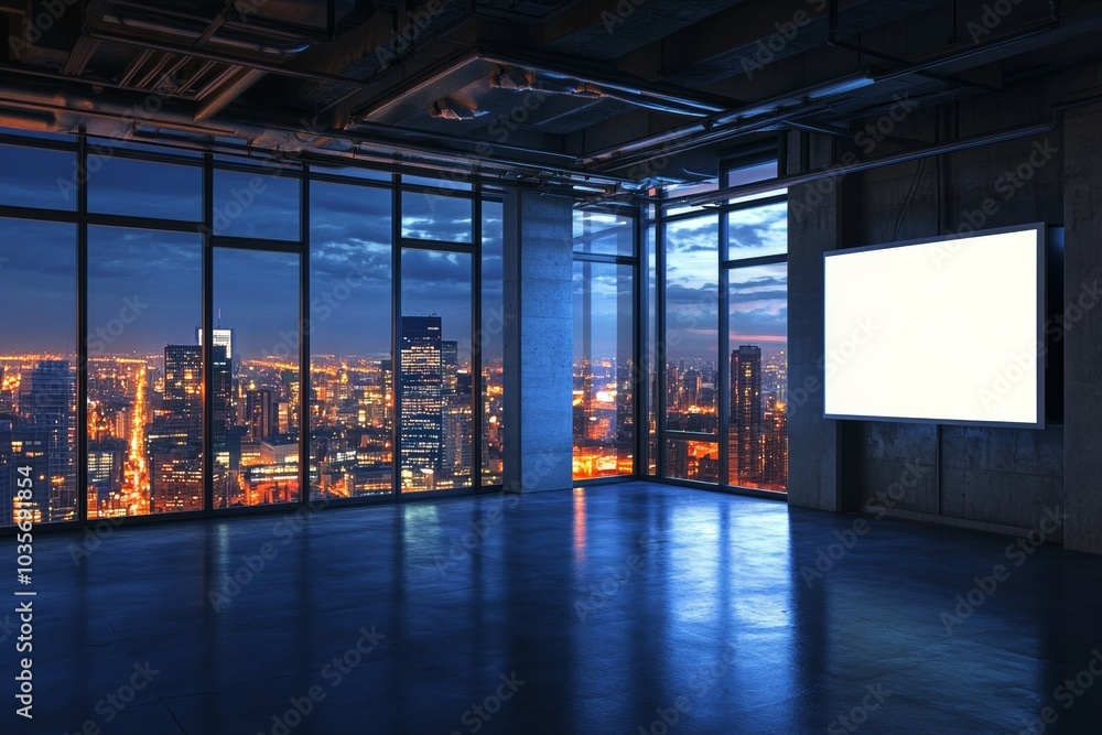 Poster evening view of a panoramic city from an empty office interior with a large canvas display.
