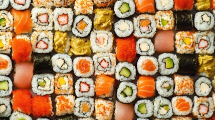 A background completely filled with different kinds of sushi rolls, packed tightly together to create a fresh, vibrant, and colorful surface.