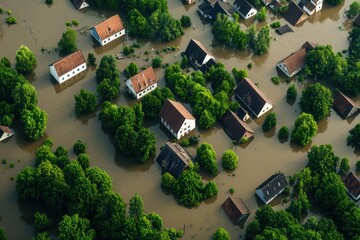 Aerial view of flooded houses surrounded by lush greenery during a natural disaster.