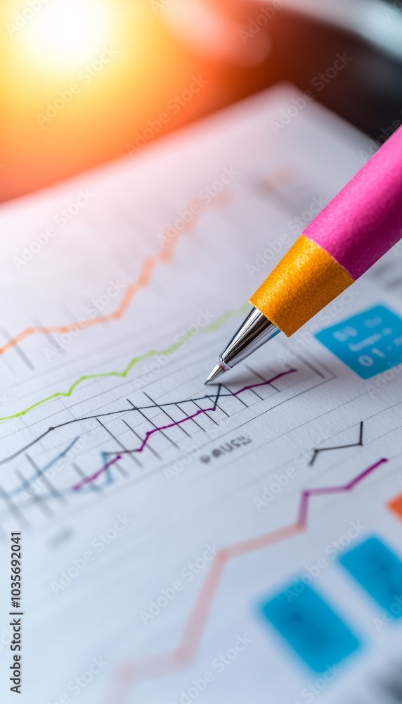 Aufkleber pen pointing at financial chart data on a document with colorful graphs and statistics.