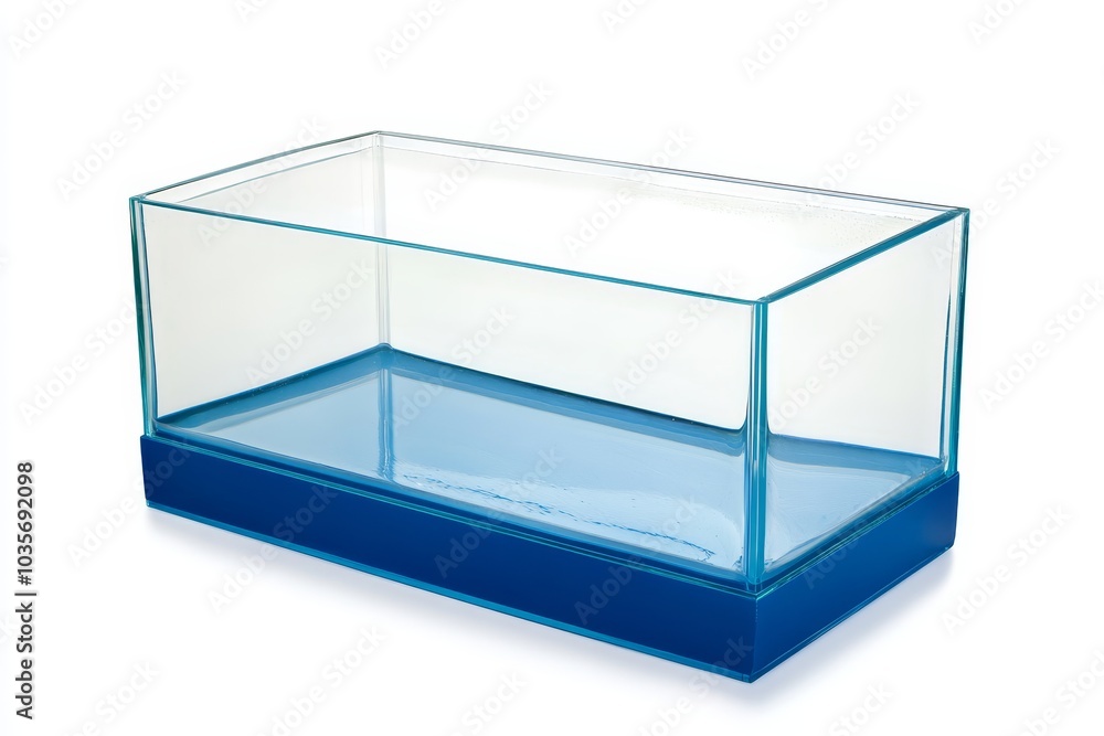 Poster this 3d rendering depicts an empty glass showcase with a metallic base against a white background.