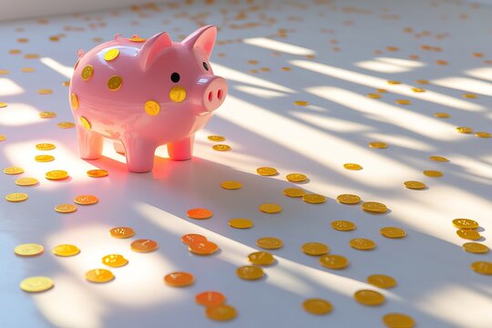 The 3D rendering shows a piggy bank with coins falling on a white background.
