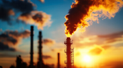 Pollution from industrial smokestacks at sunset creates dramatic scene, highlighting impact of energy production on environment. vibrant colors contrast with smoke, evoking sense of urgency for