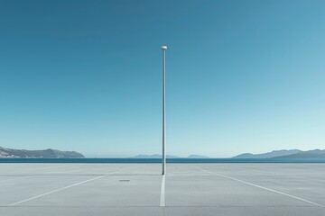 Single Street Light in a Parking Lot Overlooking the Sea and Mountains